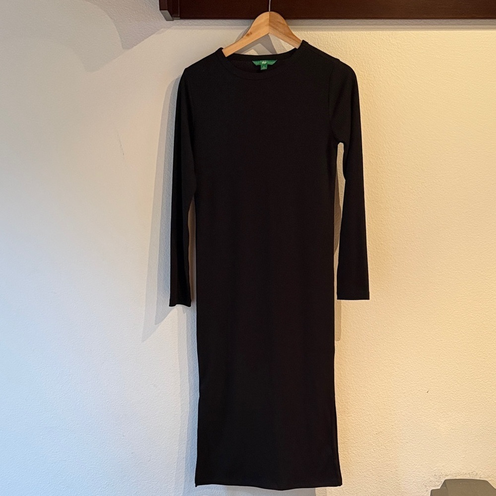 Dip Ribbed Classic Long Sleeve Midi Dress with Side Slits, Black, Size S
